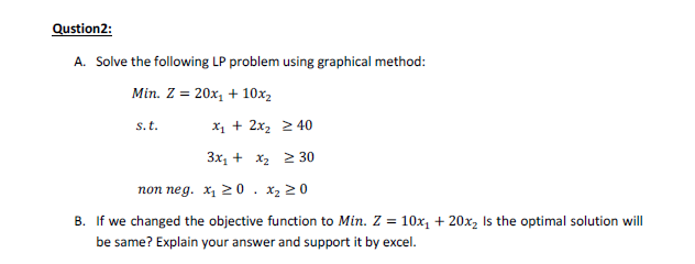 linear programming problem in excel Qustion 2: A.