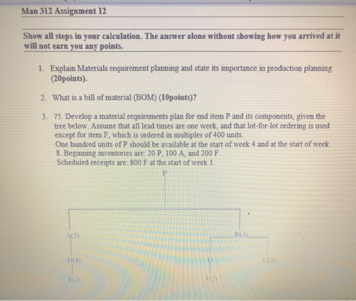 Man 312 Assignment 12 Show all steps in your