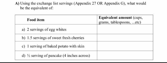 . A) Using the exchange list servings (Appendix