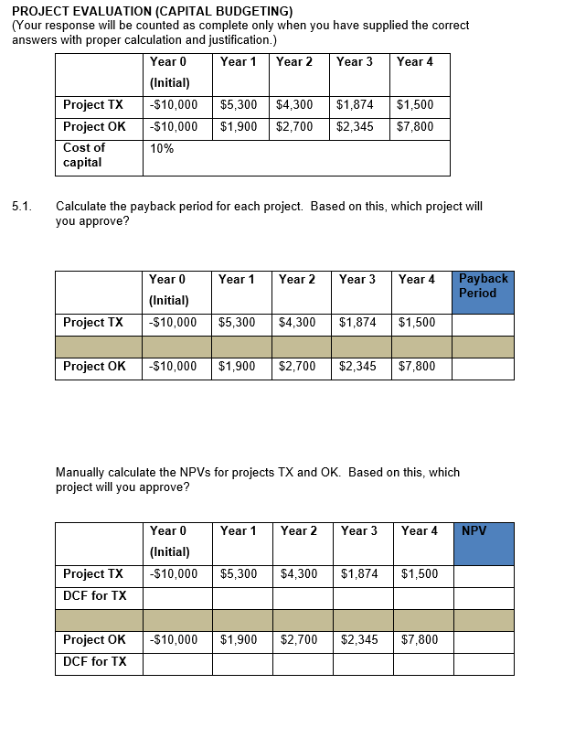 PROJECT EVALUATION (CAPITAL BUDGETING) (Your