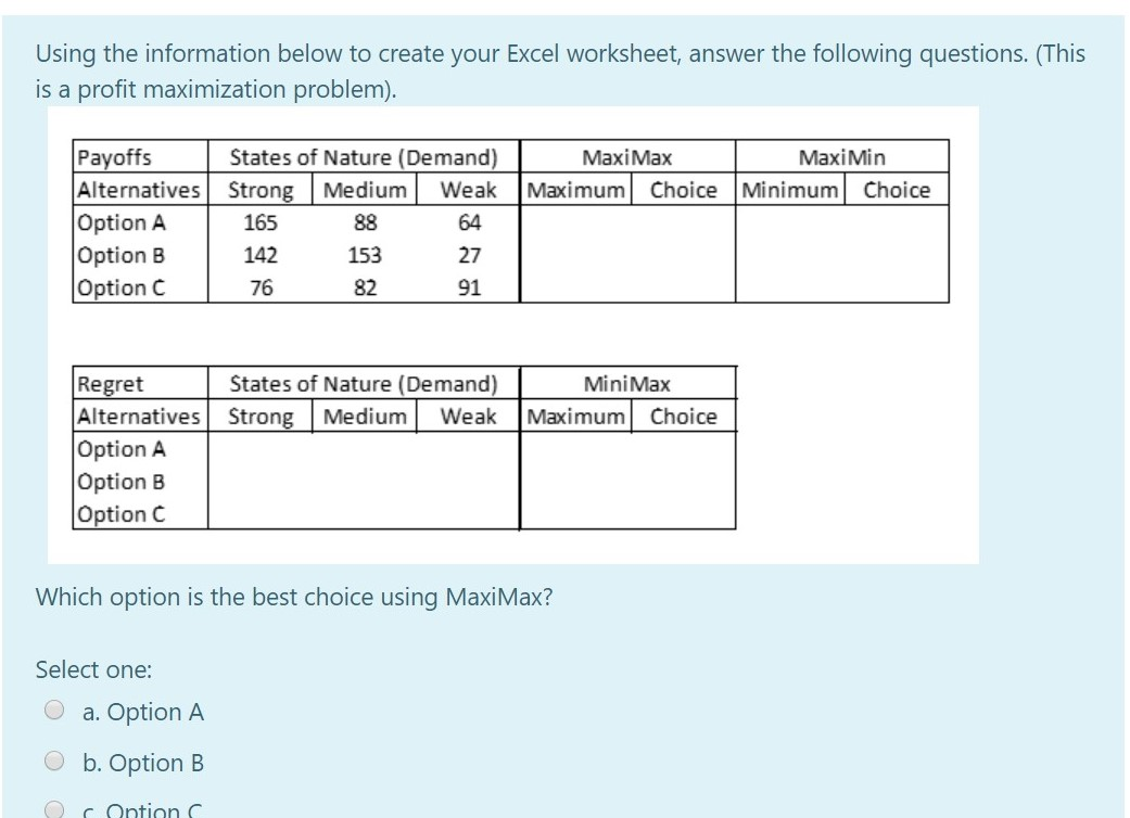 Using the information below to create your Excel