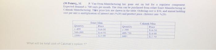 option 1,2,3,4 total cost (30 Points), M PV Oyen