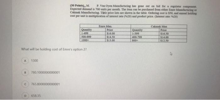 option 1,2,3,4 total cost (30 Points), M PV Oyen