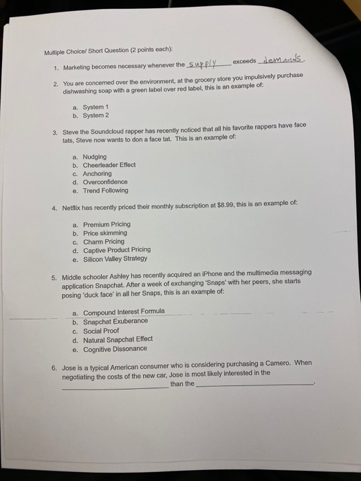 Multiple Choicel Short Question (2 points ench)