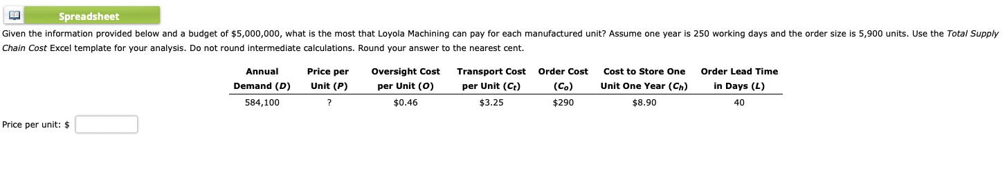 Spreadsheet Given the information provided below