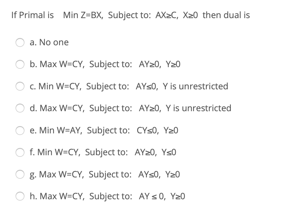 If Primal is Min Z=BX, Subject to: AXZC, X20 then