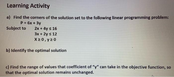 Learning Activity a) Find the corners of the