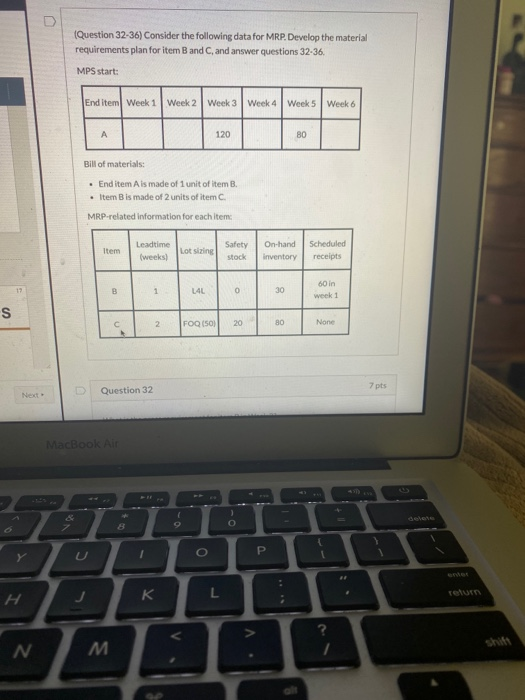 Question 32-36) Consider the following data for