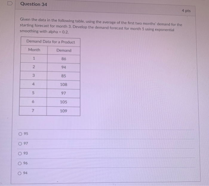 Question 34 4 pts Given the data in the following
