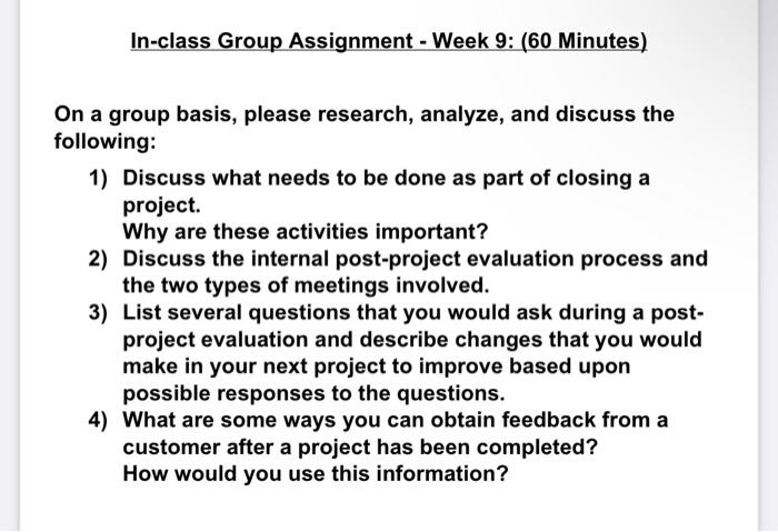 In-class Group Assignment - Week 9: (60 Minutes)