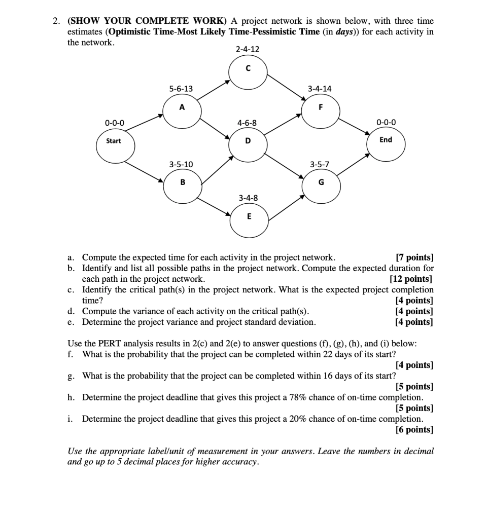 2. (SHOW YOUR COMPLETE WORK) A project network is