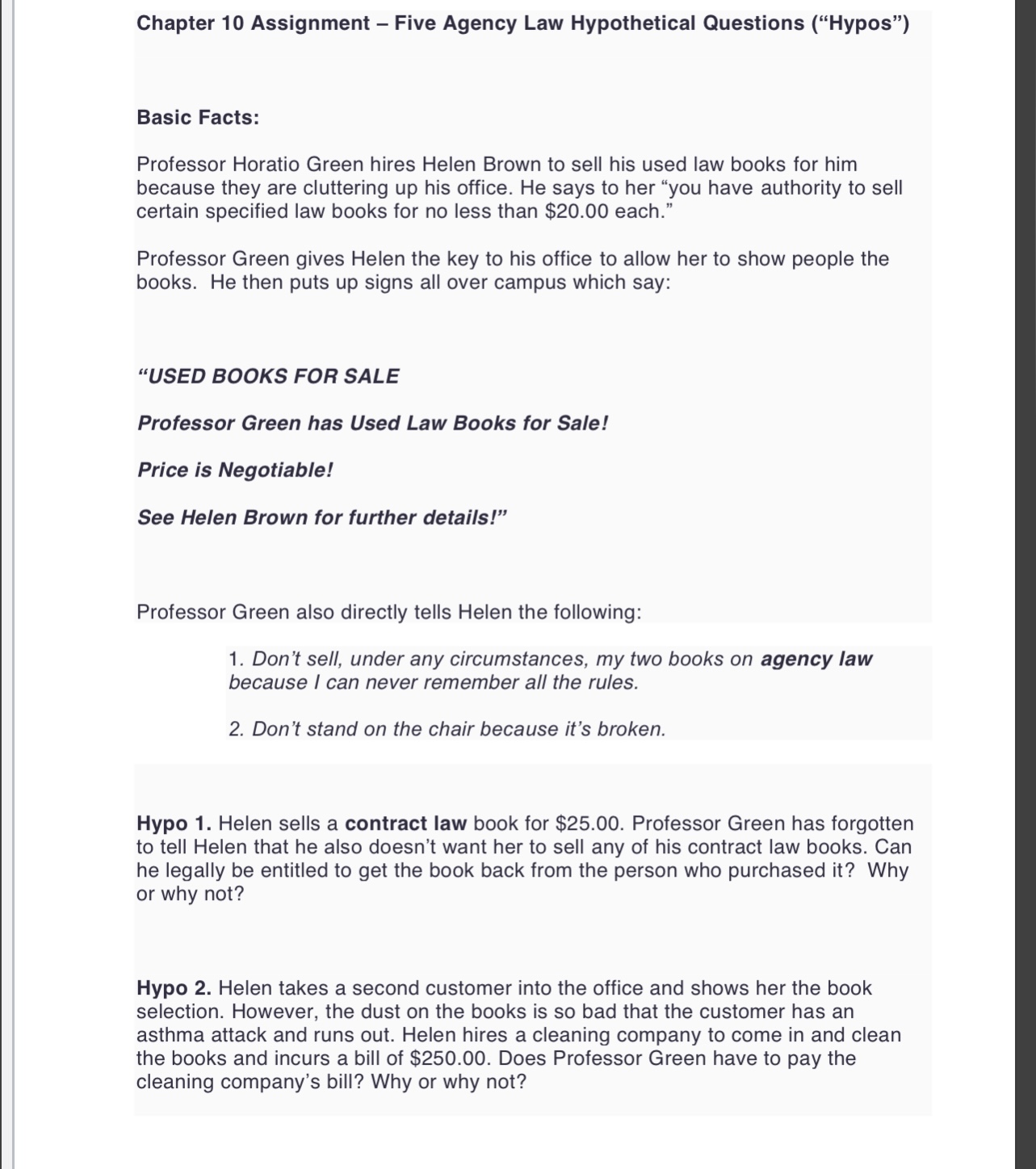 Chapter 10 Assignment - Five Agency Law