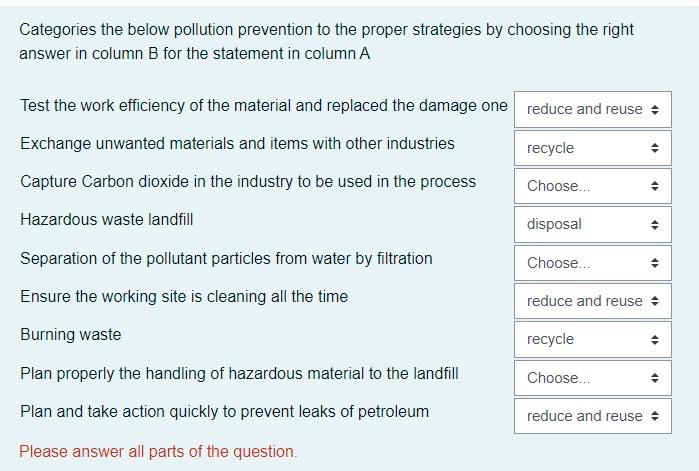 Categories the below pollution prevention to the