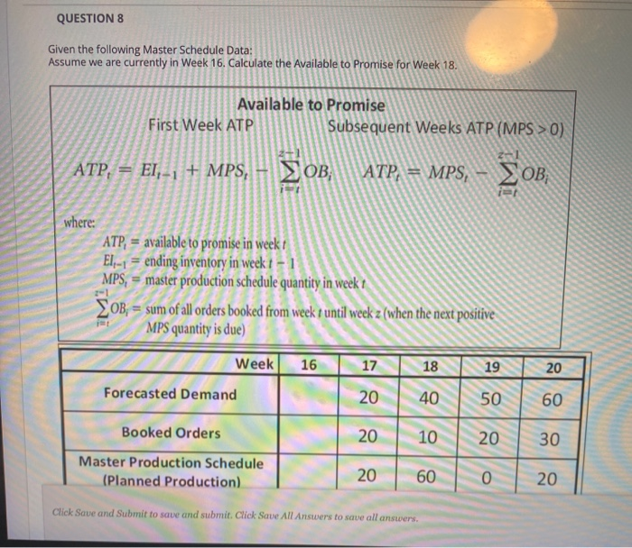 QUESTION 8 Given the following Master Schedule