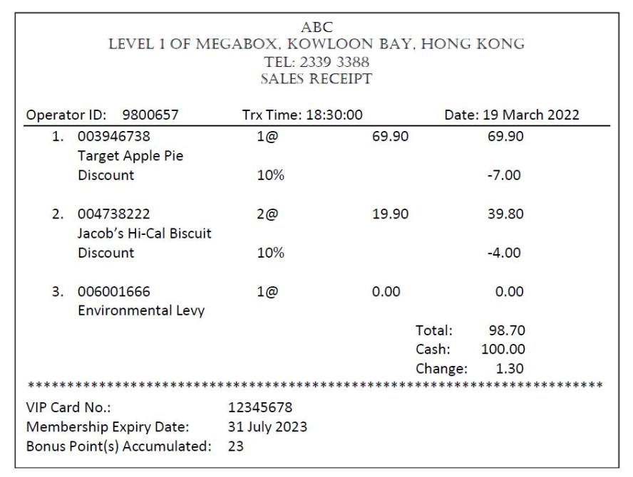 Question 2 sample customer receipt from a