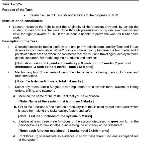 Task 1 - 30% Purpose of the Task Relate the use