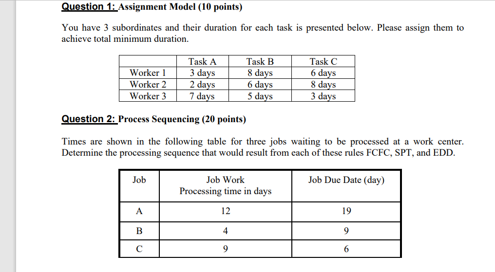 Question 1: Assignment Model (10 points) You have