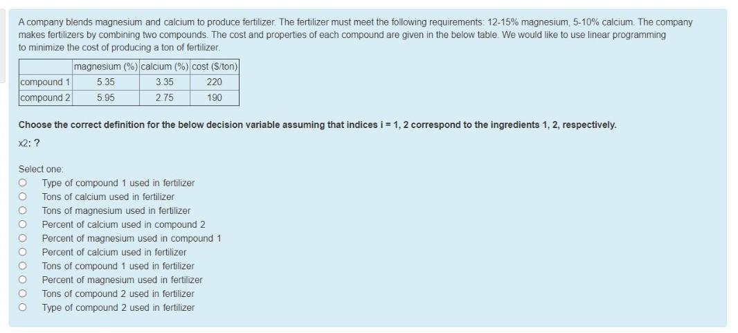 A company blends magnesium and calcium to produce