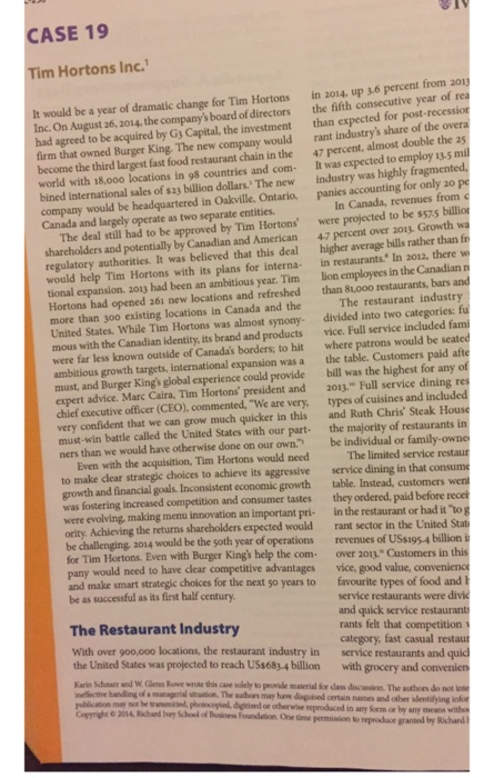 case study (Tim Hortons Inc) please read the