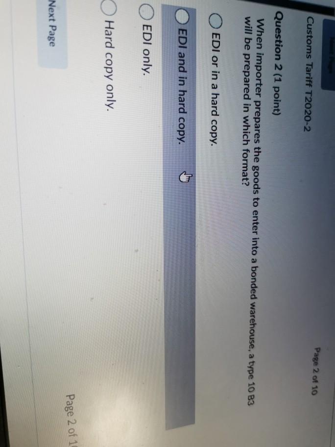 Page 2 of 10 Customs Tariff T2020-2 Question 2 (1