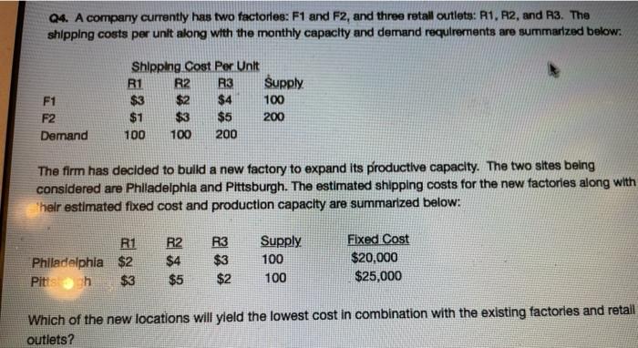 answer through excel Q4. A company currently has