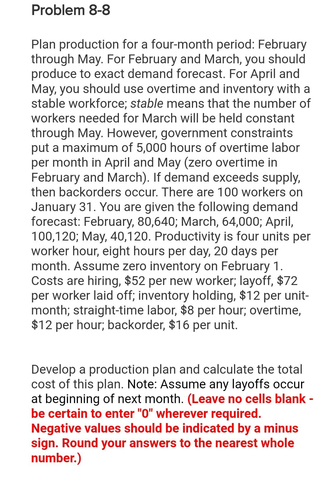 Problem 8-8 Plan production for a four-month