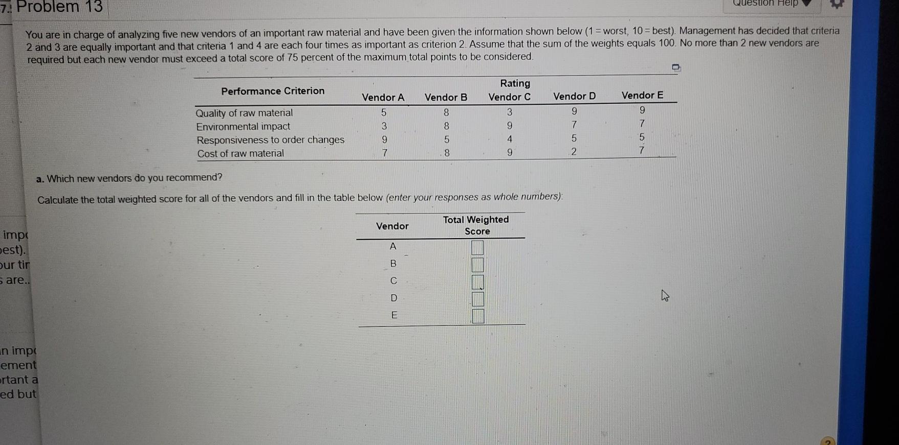 7. Problem 13 Question Help You are in charge of
