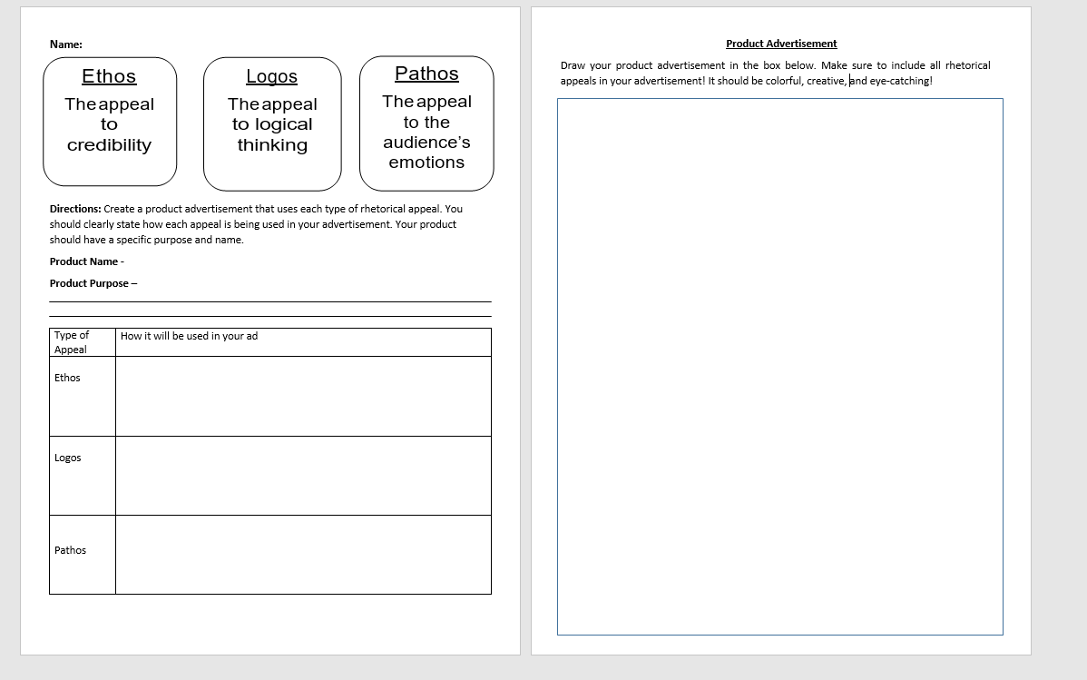 Name: Product Advertisement Draw your product