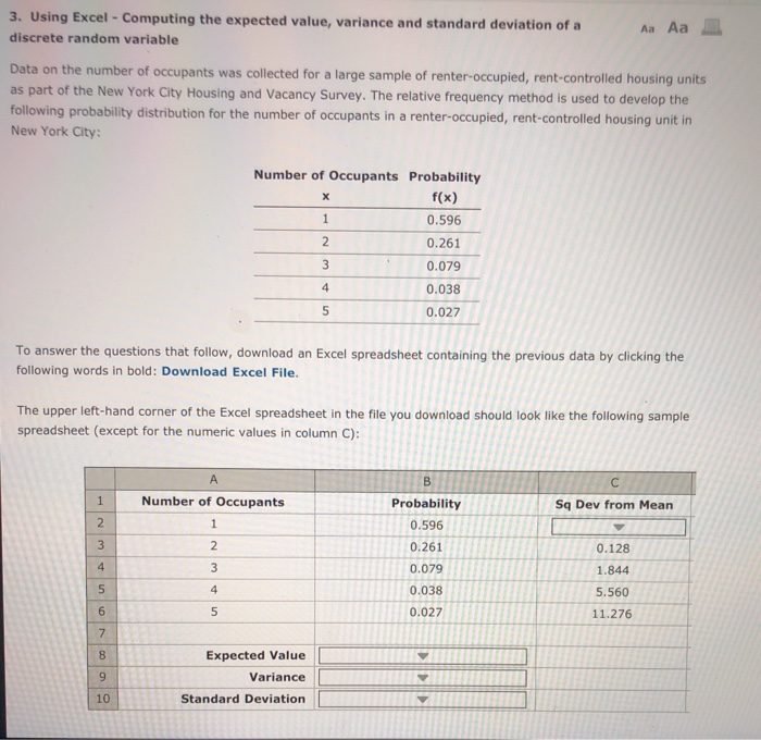 compute expected value, variance and standard
