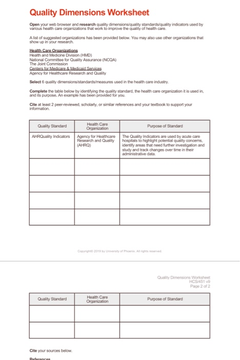 Quality Dimensions Worksheet Open your web
