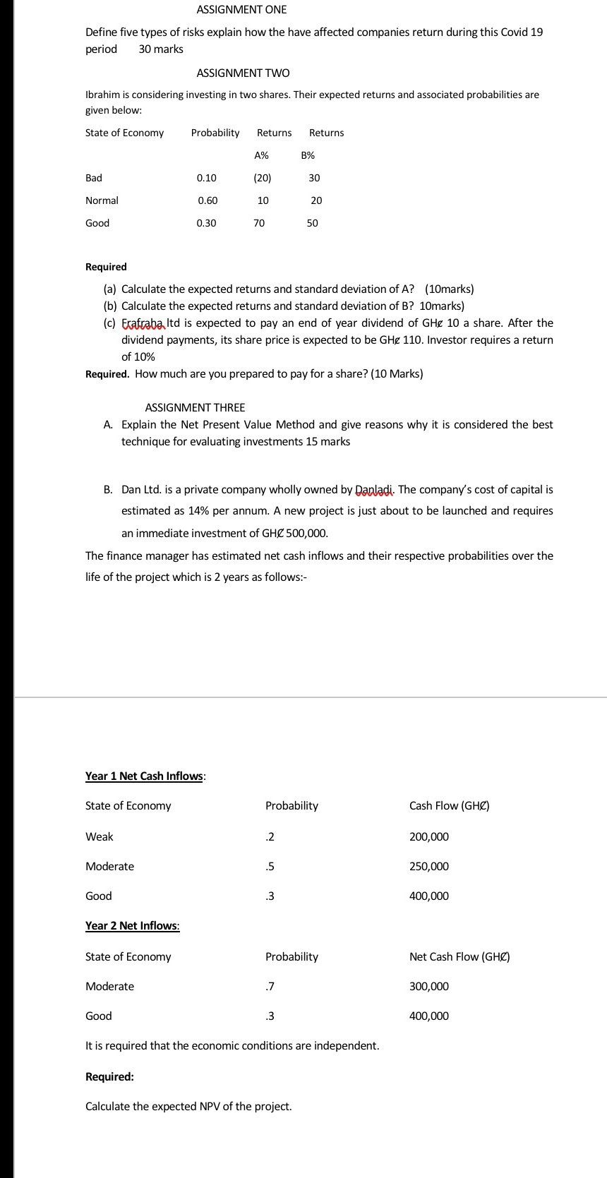 ASSIGNMENT ONE Define five types of risks explain