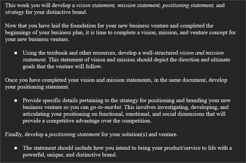 This week you will develop a vision statement,