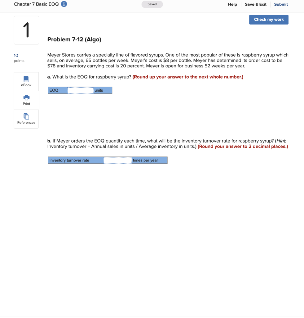 Chapter 7 Basic EOQ Saved Help Save & Exit Submit