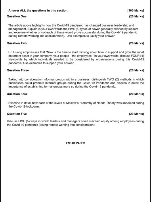 ARTICLE [100 Marks] Leading and Managing a