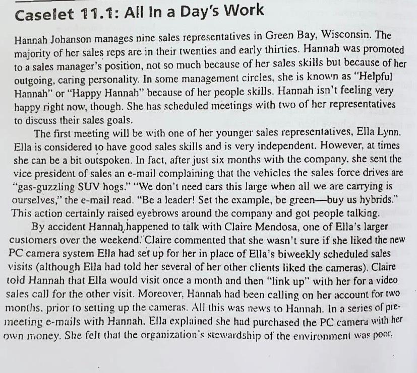 Caselet 11.1: All in a Day's Work Hannah Johanson