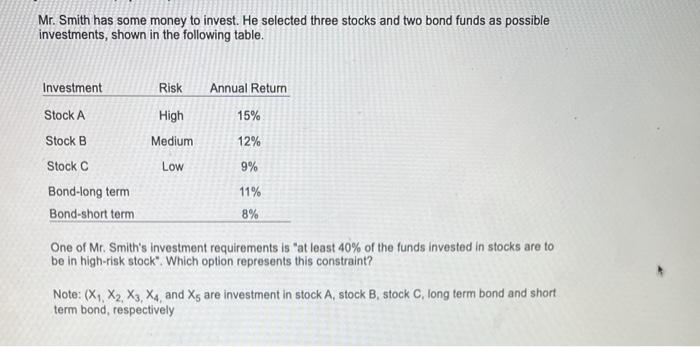 Mr. Smith has some money to invest. He selected