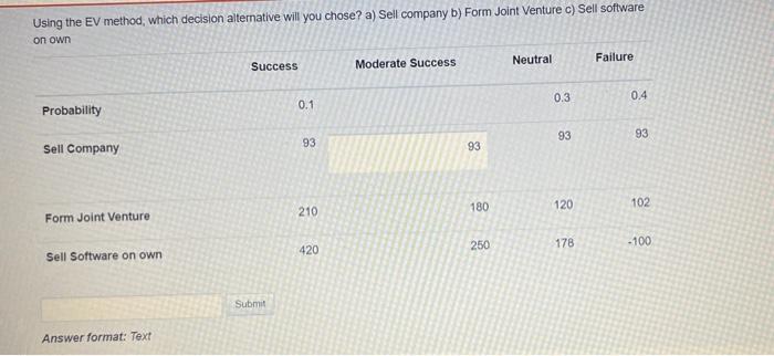 Using the EV method, which decision alternative