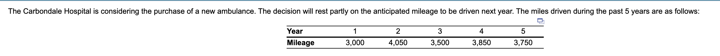 a) Forecast the mileage for next year using a