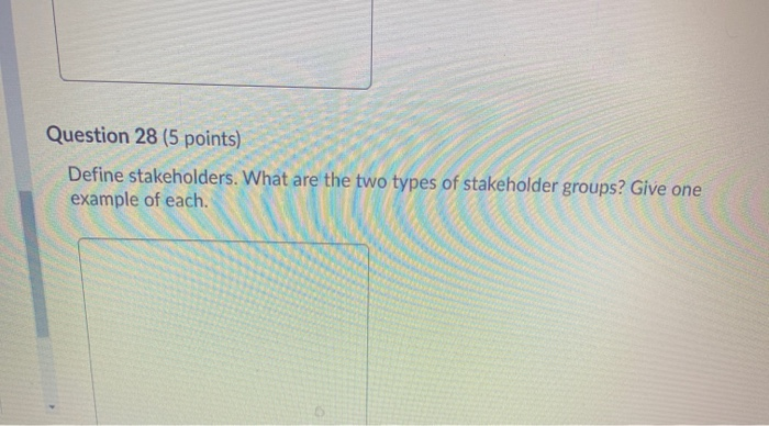 Question 28 (5 points) Define stakeholders. What