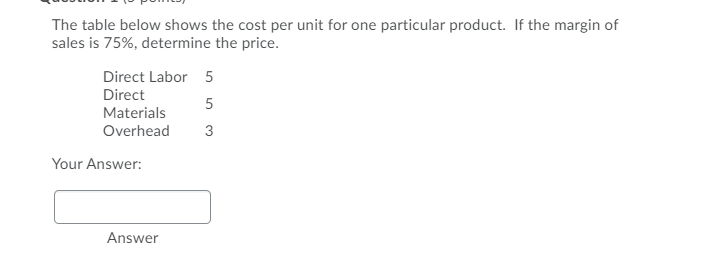 The table below shows the cost per unit for one