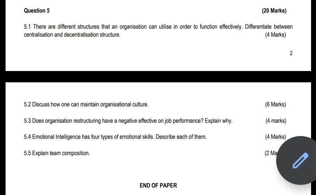 Question 5 (20 Marks) 5.1 There are different