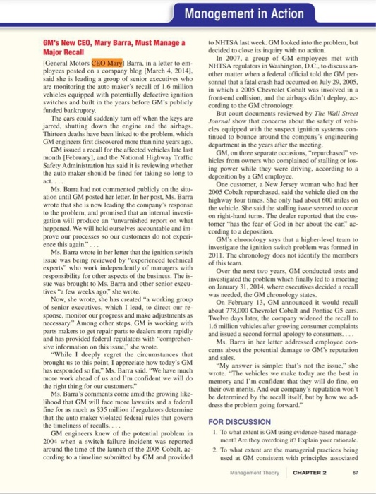 Please read the Management in Action case GMs New