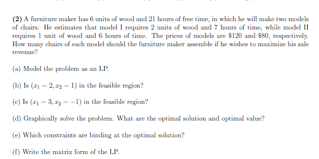(2) A furniture maker has 6 units of wood and 21