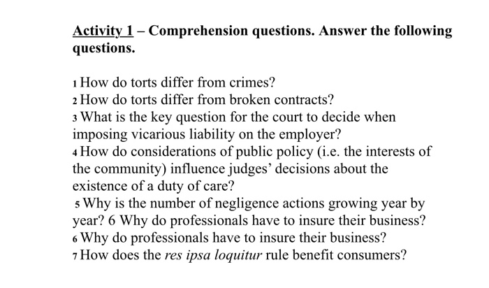 Activity 1 - Comprehension questions. Answer the