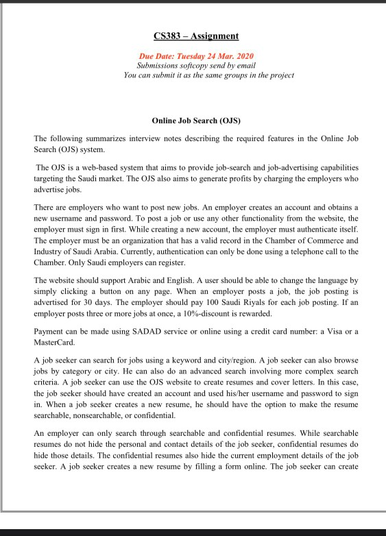 CS383 - Assignment Due Date: Tuesday 24 Mar. 2020