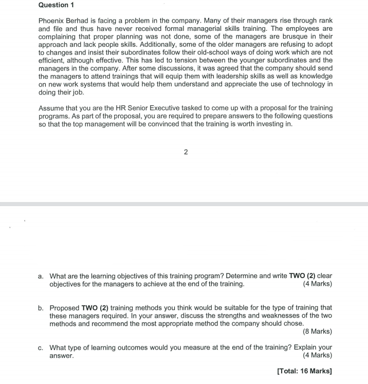 Subject: Training And Development PLEASE GIVE