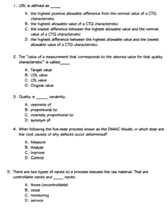 1. USL defined as A. the highest positive