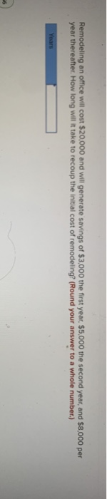 Remodeling an office will cost $20,000 and will