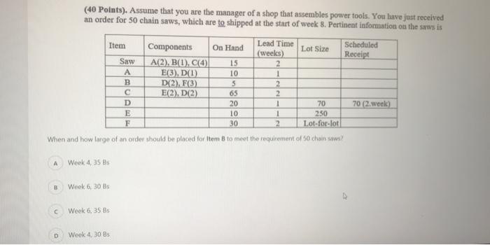 (40 Points). Assume that you are the manager of a