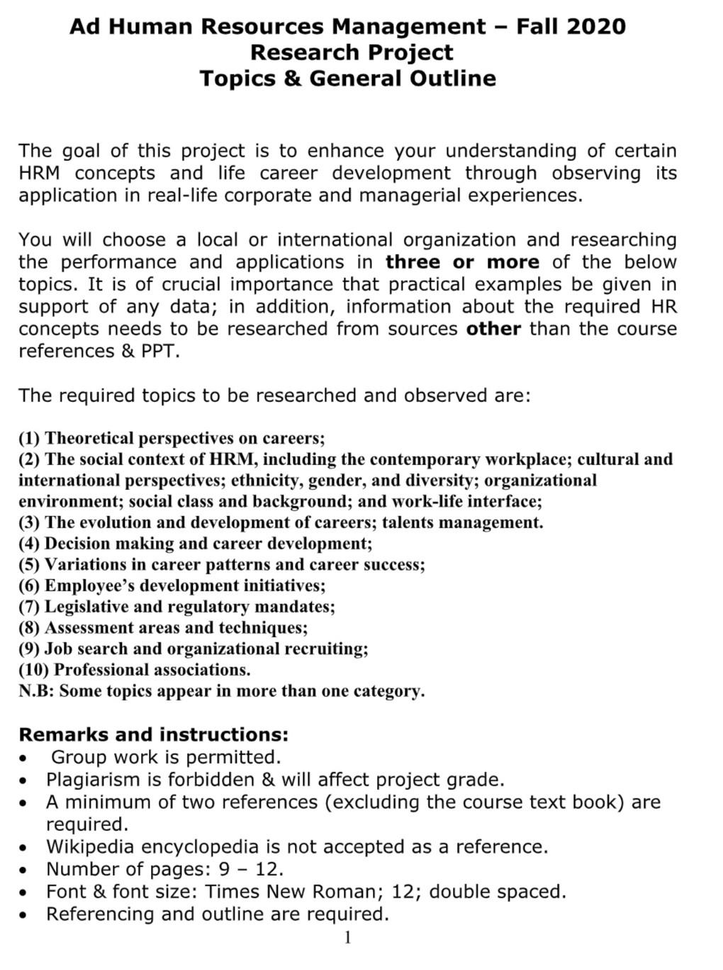 Ad Human Resources Management Fall 2020 Research
